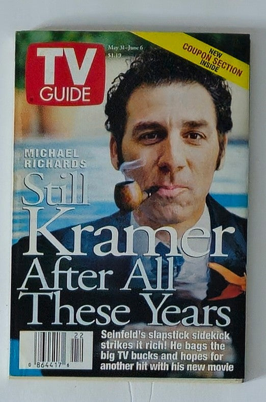 TV Guide Magazine May 31 1997 featuring Michael Richards on the cover, showcasing him with a pipe, prominently titled 'Still Kramer After All These Years' along with details about Seinfeld's iconic character.