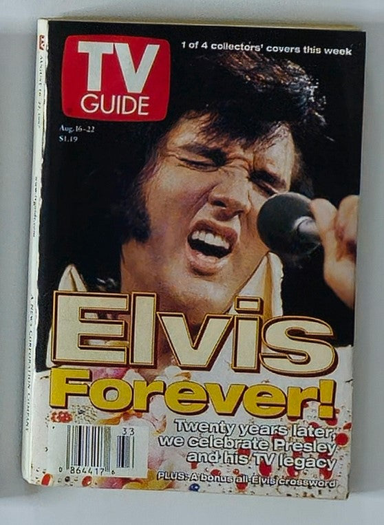 Cover of TV Guide Magazine August 16 1997 featuring Elvis Presley, highlighting the text 'Elvis Forever!' celebrating his legacy. This vintage magazine captures pop culture and Elvis's impact on TV history.