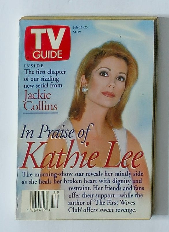 TV Guide Magazine July 19 1997 featuring Jackie Collins on the cover, showcasing an article titled 'In Praise of Kathie Lee' with a photo of a glamorous female star.