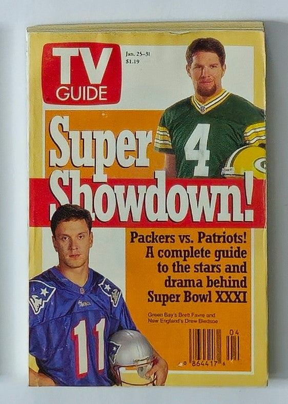 TV Guide Magazine January 25 1997 featuring coverage of Super Bowl XXXI, depicting Packers quarterback Brett Favre and Patriots quarterback Drew Bledsoe on the cover