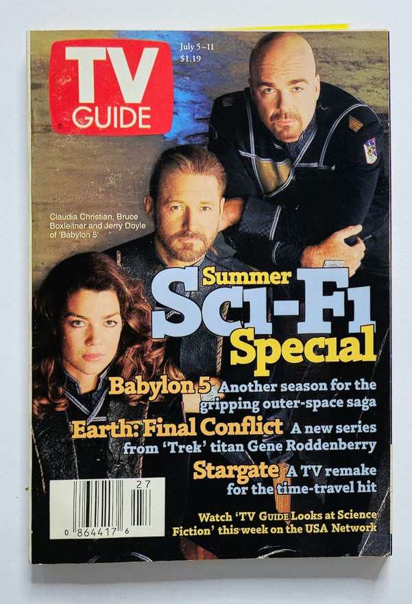 TV Guide Magazine July 5 1997 featuring Claudia Christian, Bruce Boxleitner, and Jerry Doyle from Babylon 5. Cover includes Summer Sci-Fi Special and highlights popular shows of the late '90s.