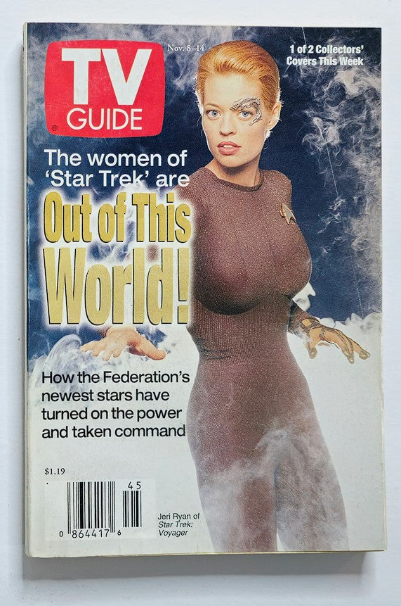 TV Guide Magazine November 8 1997 cover featuring Jeri Ryan from Star Trek: Voyager, highlighting the theme 'The women of Star Trek are Out of This World!'.