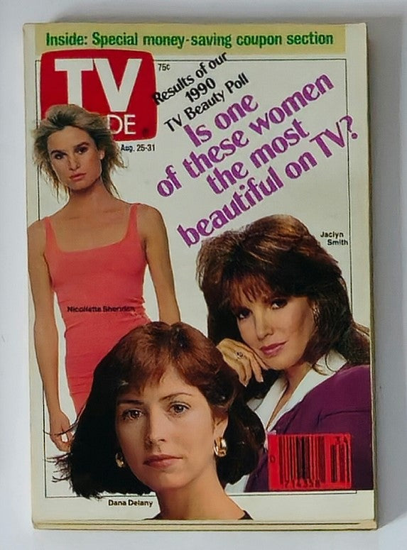 Cover of TV Guide Magazine August 25 1990 featuring Dana Delany and Jaclyn Smith, with a question about TV beauty polls, Rochester Edition.