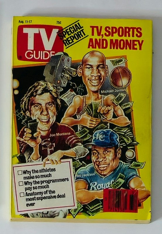 TV Guide Magazine cover from August 11, 1990, featuring Michael Jordan, Joe Montana, and Bo Jackson, discussing TV, sports, and money.