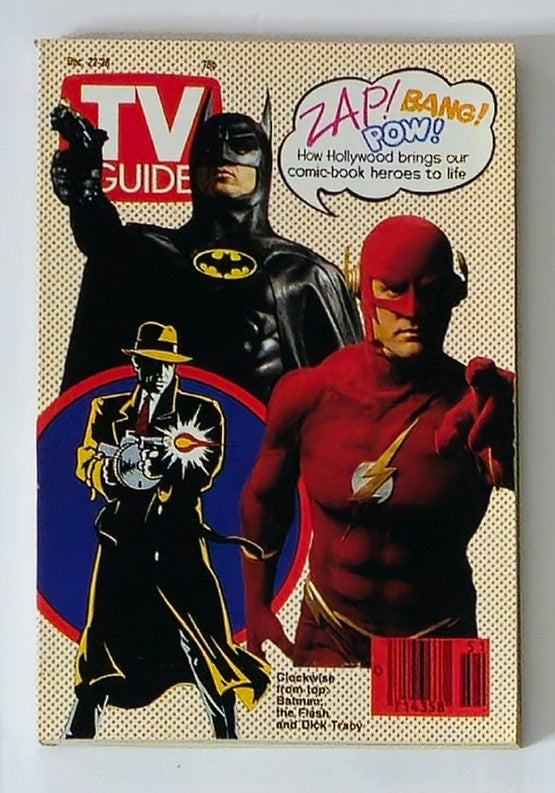 TV Guide Magazine December 22 1990 featuring Batman and Flash on the cover, showcasing comic-book heroes with vibrant illustrations and nostalgic design.