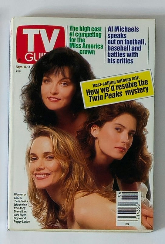Cover of TV Guide Magazine from September 5, 1990, featuring Sheryl Lee and other stars of 'Twin Peaks.' The cover highlights topics including the Miss America crown and an interview with Al Michaels.