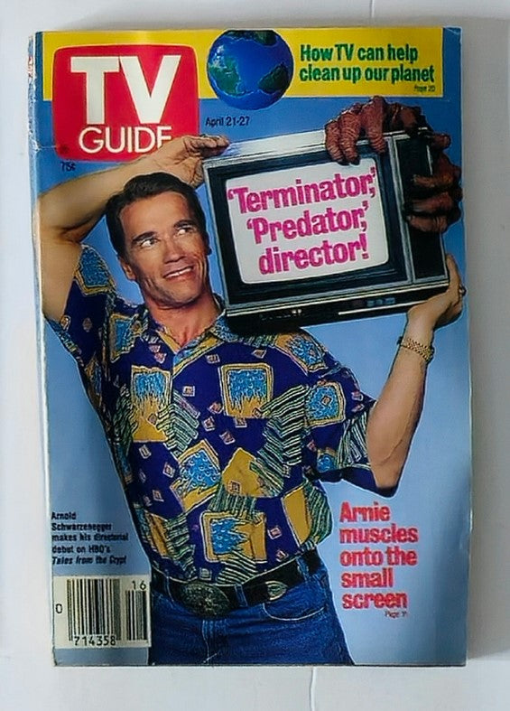Vintage TV Guide Magazine cover from April 21, 1990 featuring Arnold Schwarzenegger, showcasing the headline 'Terminator', 'Predator', director!. The magazine highlights TV culture of the early '90s and includes commentary on popular shows. Iconic imagery representing the era's entertainment history.