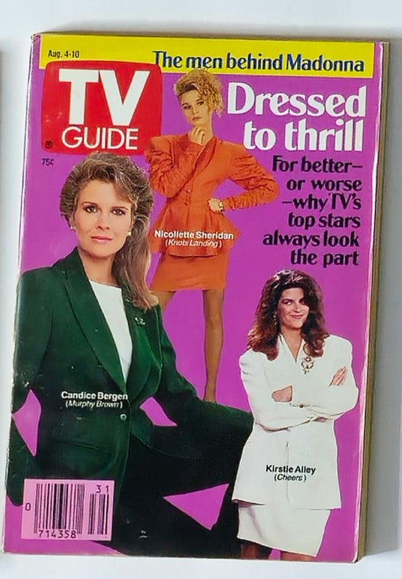 TV Guide Magazine August 4, 1990 featuring Candice Bergen, Nicollette Sheridan, and Kirstie Alley on the cover, showcasing vintage television stars in stylish outfits.
