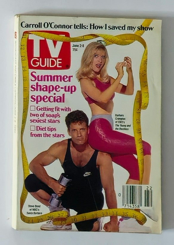 TV Guide Magazine cover from June 2, 1990 featuring Barbara Crampton, showcasing a Summer shape-up special theme with fitness tips and celebrity features from the early 90s.