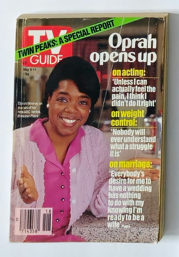 TV Guide Magazine May 5 1990 cover featuring Oprah Winfrey, highlighting her insights on acting, weight control, and marriage, along with a colorful design representative of the era.