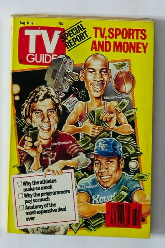 TV Guide Magazine August 11 1990 featuring Michael Jordan, Joe Montana, and Bo Jackson on the cover, highlighting themes of sports, TV, and money.