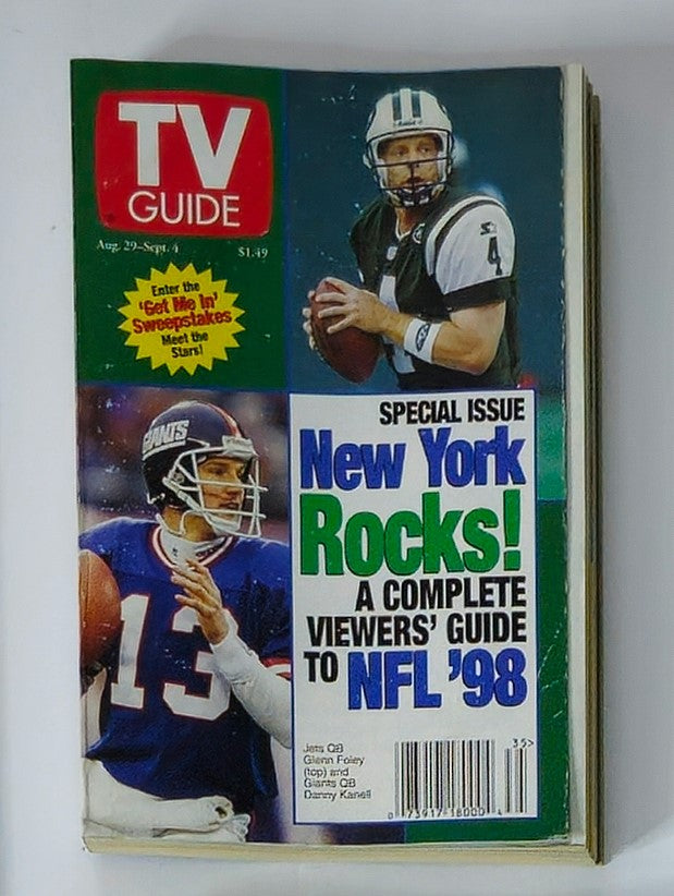 Cover of TV Guide Magazine, August 29, 1998, featuring Glenn Foley and a special issue on NFL '98, highlighting New York football teams and players.