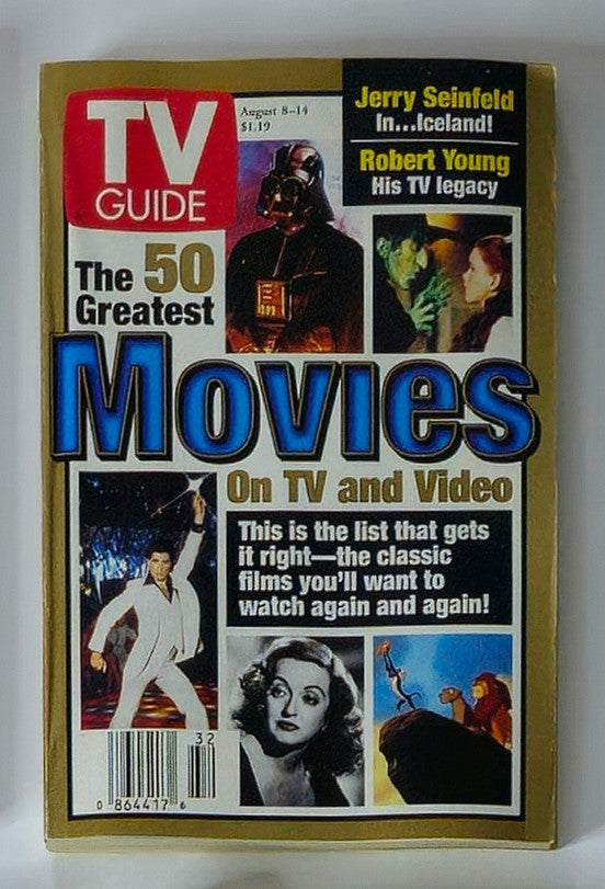 TV Guide Magazine from August 8, 1998 featuring Elvis Presley on the cover, highlighting the 50 greatest movies on TV and video.
