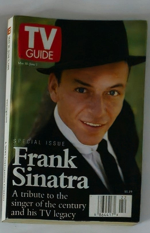 TV Guide Magazine dated May 30, 1998, featuring Frank Sinatra on the cover, highlighting a tribute to the iconic singer and his television legacy, excellent condition collectible magazine.