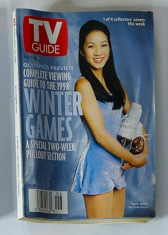 Cover of TV Guide Magazine February 7, 1998, featuring Michelle Kwan, with an Olympics preview for the 1998 Winter Games, showcasing her in a skating costume holding her skates.