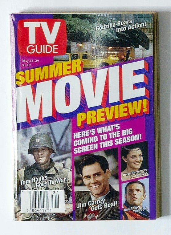 TV Guide Magazine May 23 1998 featuring Jim Carrey on the cover, with a bold headline announcing 'Summer Movie Preview' and showcasing images of films including Tom Hanks and Ben Affleck.