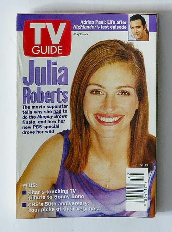 Cover of TV Guide Magazine from May 16, 1998, featuring Julia Roberts. The magazine highlights her insights on the Murphy Brown finale and her new PBS special, set against a late 90s entertainment backdrop.