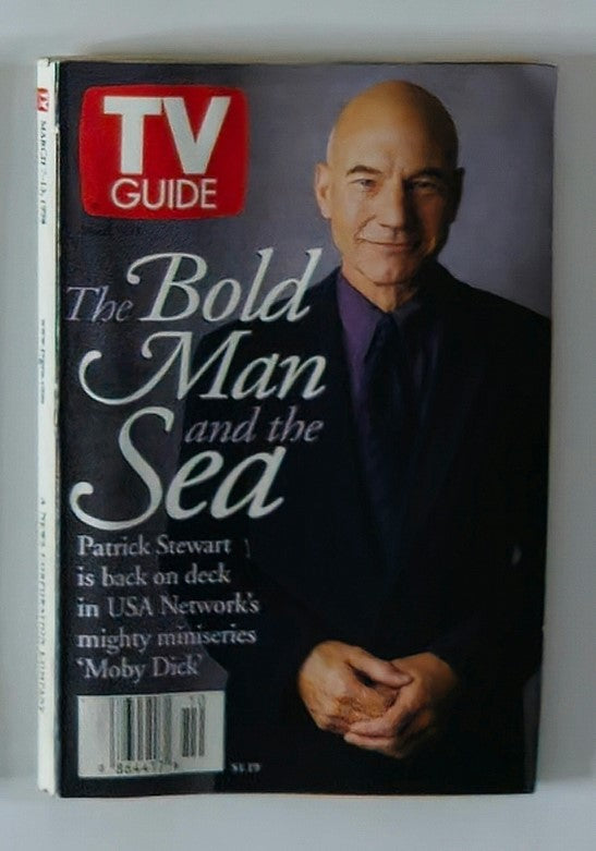 Vintage TV Guide magazine cover featuring Patrick Stewart from March 7, 1998, with the headline 'The Bold Man and the Sea' highlighting his role in the miniseries 'Moby Dick'.