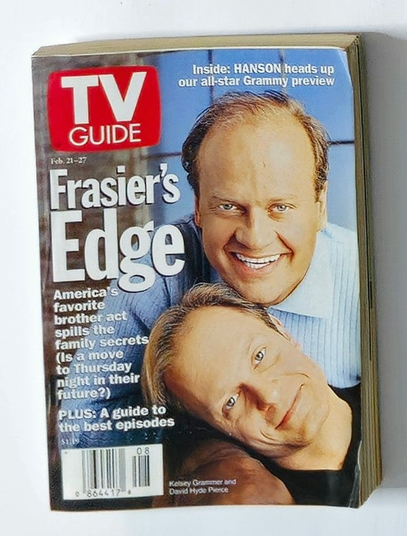 TV Guide Magazine February 21 1998 featuring Kelsey Grammer and David Hyde Pierce, highlighting the iconic sitcom Frasier and showcasing a vibrant cover design typical of the late 90s.