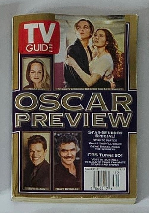 Cover of TV Guide Magazine March 21 1998 featuring Leonardo DiCaprio, showcasing an Oscar Preview theme with images of stars and program highlights.
