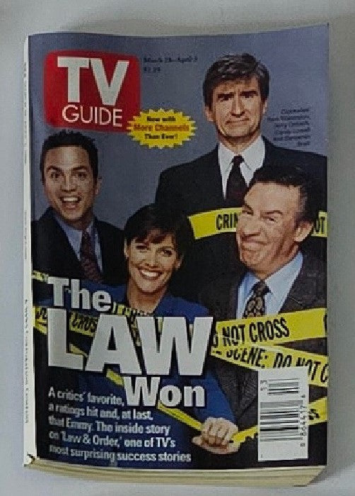 TV Guide Magazine cover from March 28, 1998, featuring 'The Law Won' with actors from the show 'Law & Order.' Highlights the entertainment culture of the late 1990s.