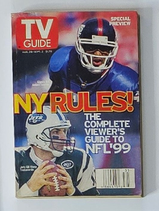 TV Guide Magazine from August 28, 1999, featuring Amani Toomer of the New York Giants on the cover. The magazine highlights NFL 1999 with the headline 'NY RULES!' and showcases significant moments in sports and television.