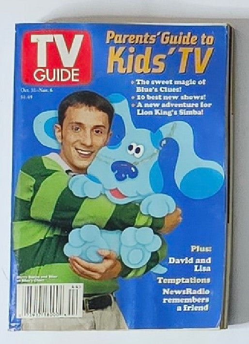 TV Guide Magazine October 31 1998 cover featuring Steve Burns and Blue from "Blue's Clues". This vintage magazine showcases the vibrant artwork and nostalgic theme centered around children's television, ideal for collectors and fans.
