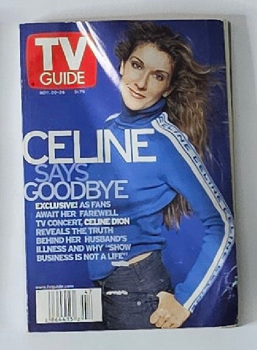 TV Guide Magazine cover from November 20, 1999 featuring Celine Dion, showcasing her wearing a blue outfit with the headline 'Celine Says Goodbye'. This vintage issue represents the New York Metro edition.