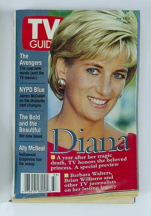 TV Guide Magazine August 15, 1998 featuring Princess Diana on the cover. The magazine highlights significant pop culture moments and royal life, showcasing the beloved princess with engaging visuals and articles reminiscing on her impact.