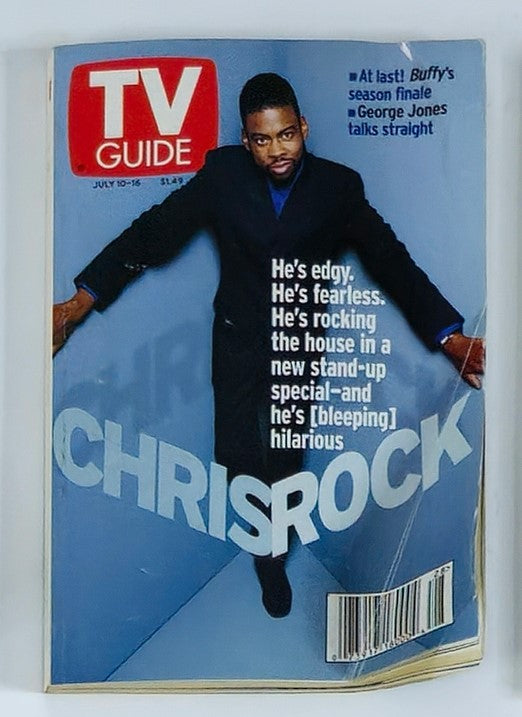 TV Guide Magazine from July 10, 1999 featuring Chris Rock on the cover. The cover showcases Rock in a stylish pose, highlighting his edgy humor with taglines about his fearless comedy and new stand-up special.