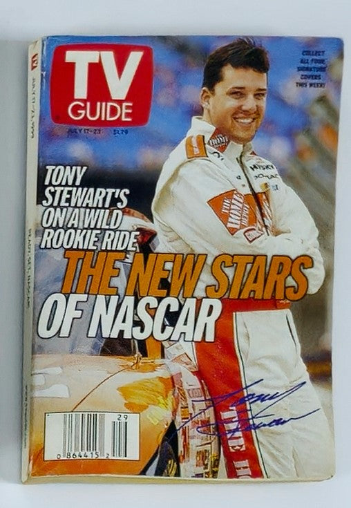 Cover of TV Guide Magazine July 17 1999 featuring Tony Stewart on a NASCAR rookie ride, highlighting the new stars of NASCAR.