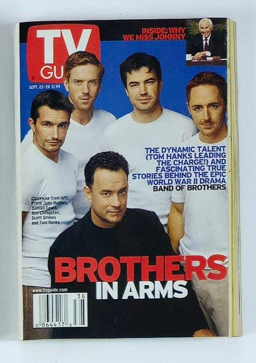 TV Guide Magazine September 22, 2001 cover featuring Tom Hanks and the cast of Band of Brothers, titled 'Brothers in Arms'. The image showcases the prominent figures in casual clothing, capturing the essence of early 2000s television.