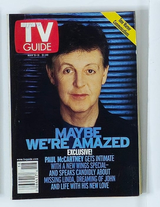 Cover of TV Guide Magazine May 5, 2001 featuring Paul McCartney, titled 'Maybe We're Amazed'. This collectible issue highlights exclusive insights about McCartney's life and music, making it a significant piece for fans and collectors.