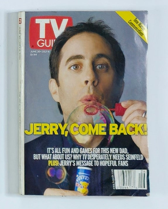 TV Guide Magazine cover from June 30, 2001 featuring Jerry Seinfeld, showcasing playful bubble blowing with the text 'Jerry, Come Back!' and highlighting themes of comedy and nostalgia for fans of early 2000s television.