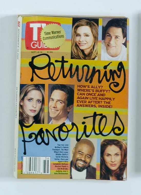 Cover of TV Guide Magazine from September 8, 2001, featuring Calista Flockhart and other stars in a vintage design, highlighting popular television shows and cultural moments from the early 2000s.