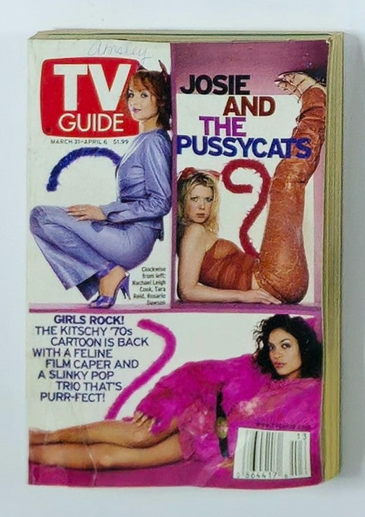 Cover of TV Guide Magazine from March 31, 2001, featuring Rachael Leigh, Tara Reid, and 'Josie and the Pussycats' themed editorial.