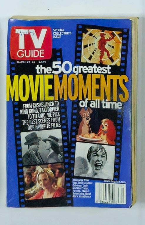 Cover image of TV Guide Magazine, March 24 2001 edition, featuring the iconic film A Space Odyssey and the headline about the 50 greatest movie moments of all time.