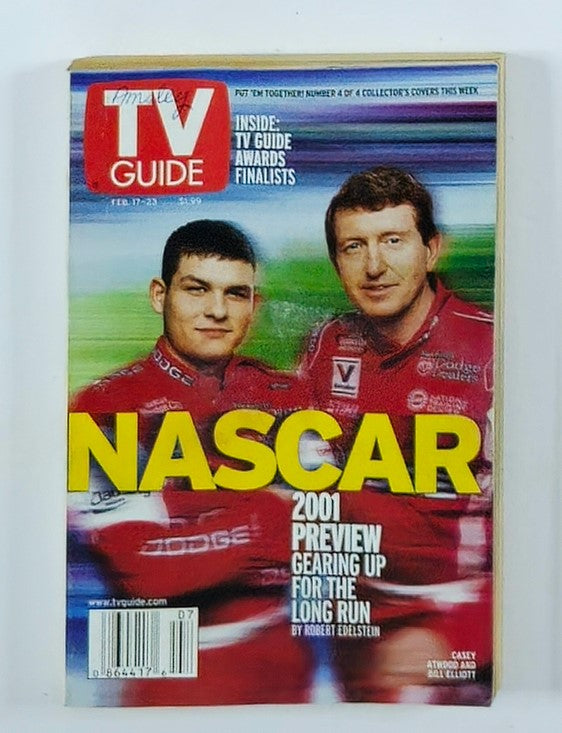 TV Guide Magazine February 17 2001 featuring Casey Atwood and Bill E. Rochester on the cover, highlighting NASCAR and a 2001 preview.