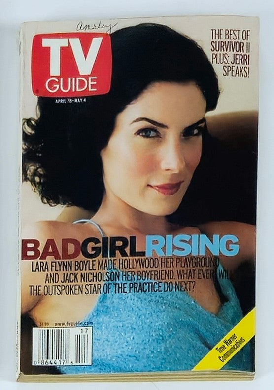 TV Guide Magazine April 28 2001 featuring Lara Flynn Boyle on the cover, showcasing her iconic role and details about the early 2000s television landscape.