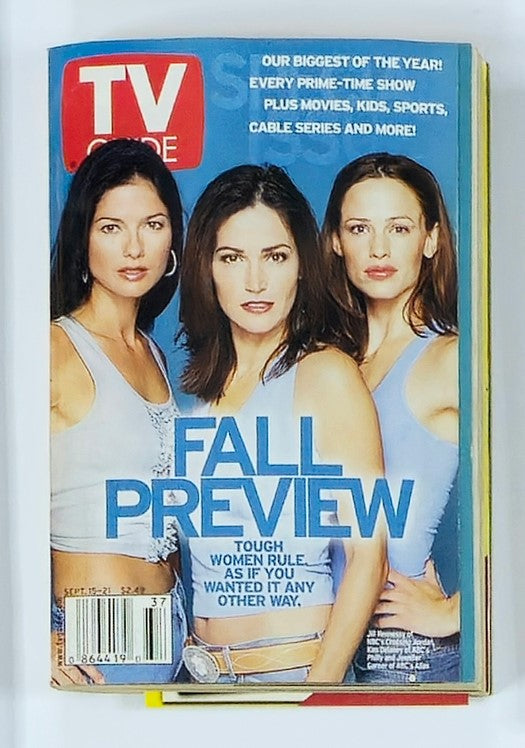 TV Guide Magazine September 15 2001 featuring Kim Delaney on the cover, highlighting a Fall Preview with a focus on women in television, showcasing three actresses in stylish outfits.