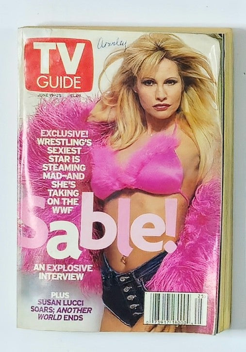 Cover of TV Guide Magazine June 19 1999 featuring WWF superstar Sable, showcasing her striking image in a pink outfit and announcing an explosive interview.