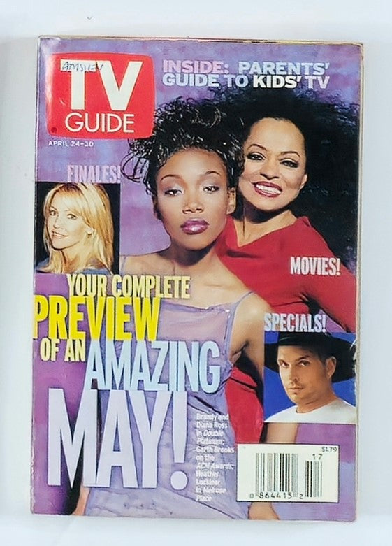 TV Guide Magazine from April 24, 1999 featuring Brandy and Diana Ross on the cover, showcasing 90s pop culture and television history, with additional highlights on entertainment and movies.