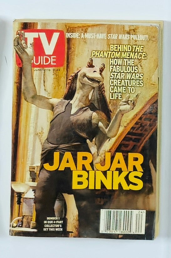 TV Guide Magazine June 12 1999 featuring Jar Jar Binks on the cover, showcasing the beloved character from Star Wars The Phantom Menace. This vintage magazine captures the essence of late 1990s pop culture.