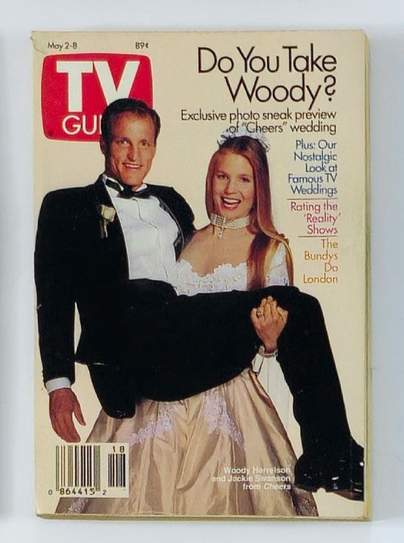 TV Guide Magazine May 2 1992 featuring Woody Harrelson and Jackie S. Rochester on the cover, celebrating the iconic duo in a wedding-themed photo. This collectible nostalgic magazine highlights early '90s television.