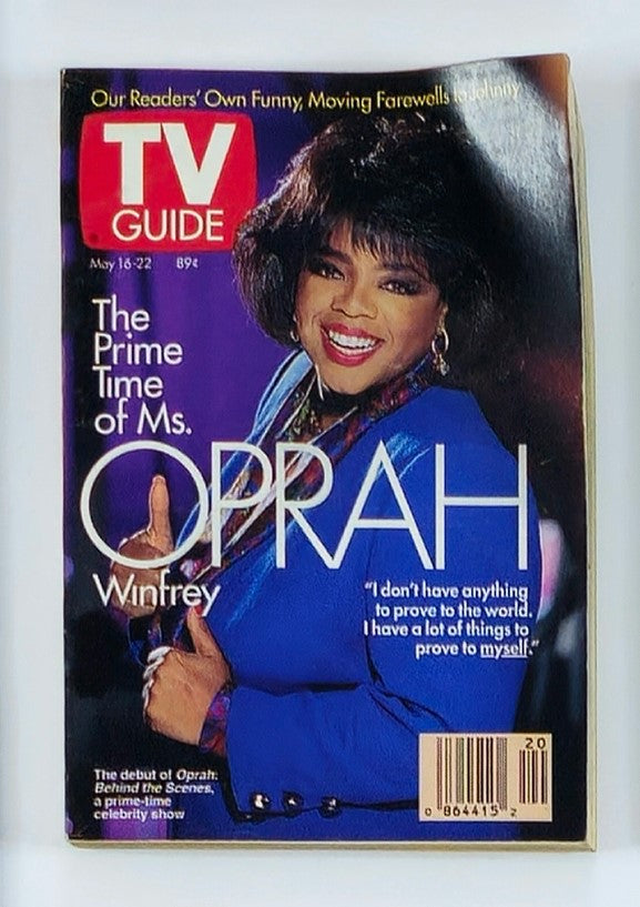 Cover of TV Guide Magazine from May 16, 1992, featuring Oprah Winfrey with the text 'The Prime Time of Ms. OPRAH Winfrey'. This vintage magazine highlights Oprah's impact on television during the early 1990s, marking her journey as a cultural icon.