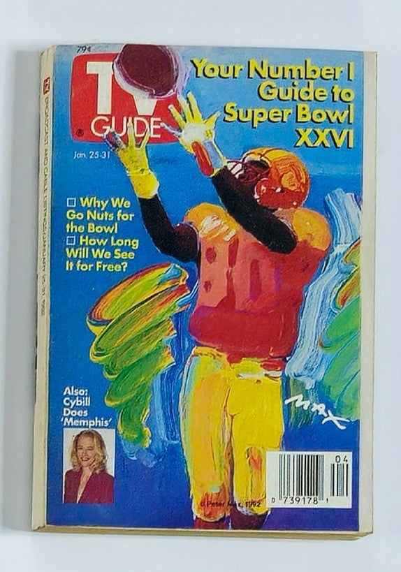 TV Guide Magazine January 25 1992 Cybill Shepherd featuring an artistic cover illustration related to Super Bowl XXVI. The vibrant design highlights key themes like football excitement and television culture in the early 1990s.