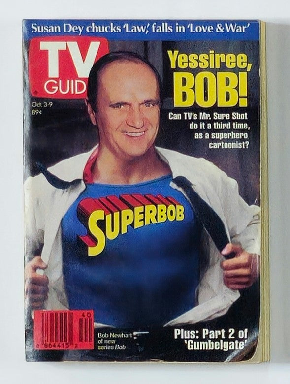 TV Guide Magazine October 3 1992 featuring Bob Newhart on the cover, dressed as a superhero cartoon character with the title 'Superbob'. This vintage magazine highlights television trends in the early '90s.