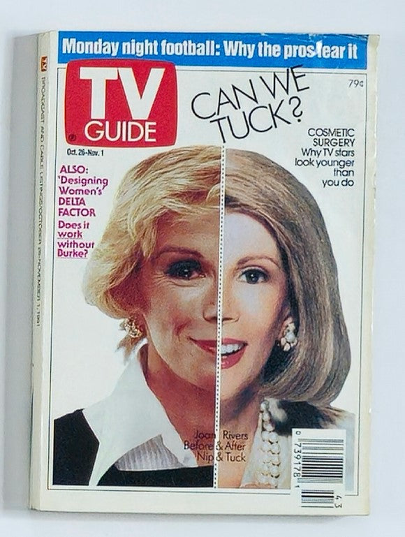 TV Guide Magazine featuring Joan Rivers on the cover, dated October 26, 1991. The cover showcases a split image of Joan Rivers before and after cosmetic surgery, highlighting the topic of aging and beauty standards in television. This vintage magazine is a collectible piece of TV history, representing Joan Rivers' impact on comedy and entertainment.