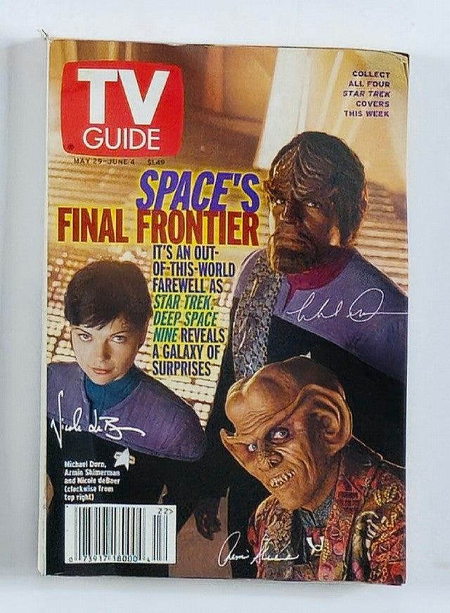 TV Guide Magazine May 29 1999 featuring Michael Dorn, Nicole deBoer, and alien characters, highlighting Star Trek: Deep Space Nine. A vintage collectible showcasing the vibrant television culture of the late 90s.