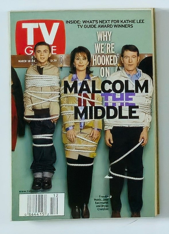 Cover of TV Guide Magazine March 18, 2000 featuring Frankie Muniz, Jane, and Bryan Cranston tied up with ropes, showcasing the theme of the hit show Malcolm in the Middle.